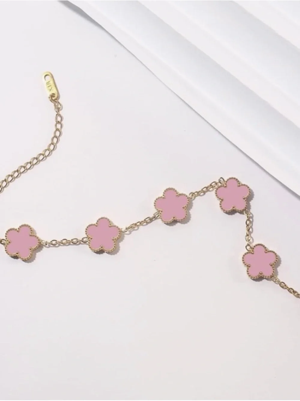 18K Gold Dainty Textured Clover Charm Bracelet Van Cleef Style Alhambra Luxury